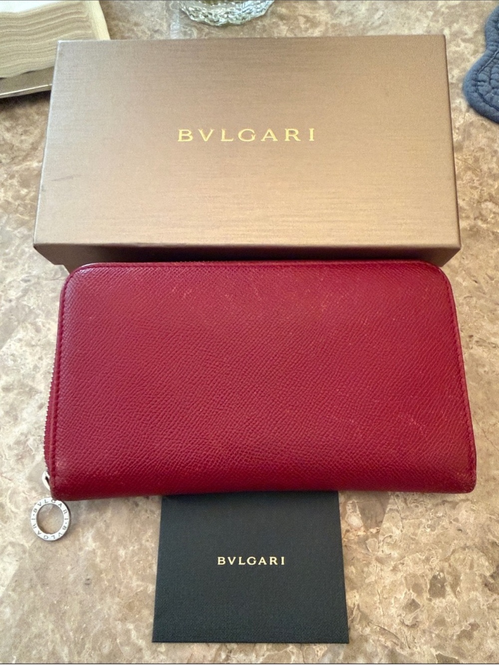 Bulgari Red Zip-Around Saffiano Leather Wallet